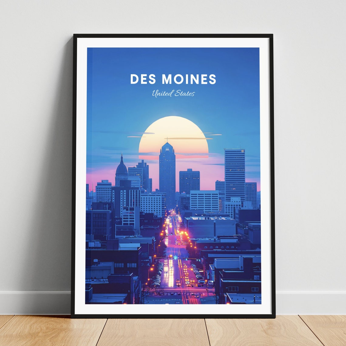 Des Moines Downtown Skyline at Night Light Trails Travel Poster