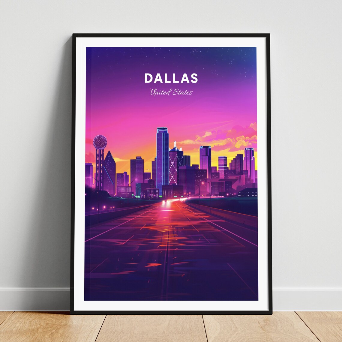 Dallas Sunset Skyline with Reunion Tower Over Freeway Poster
