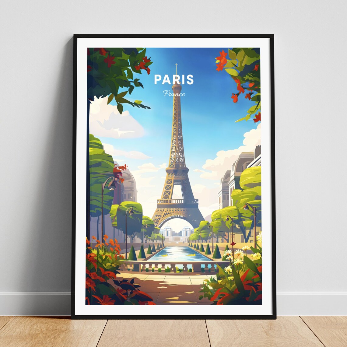 Paris France Eiffel Tower Garden Fountain Bright Sunny Day Poster