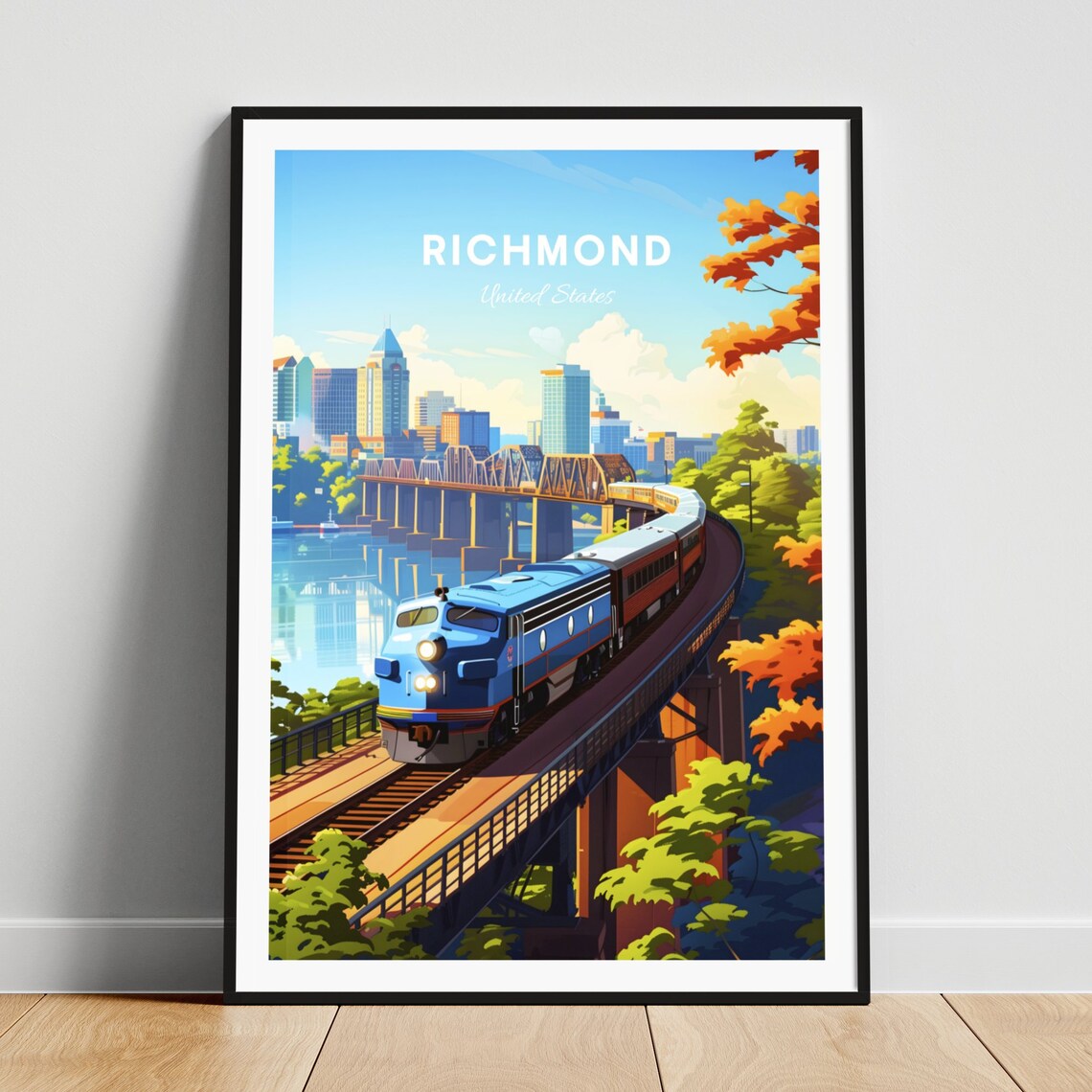 Richmond Blue Train Crossing a Bridge on a Bright Day Poster