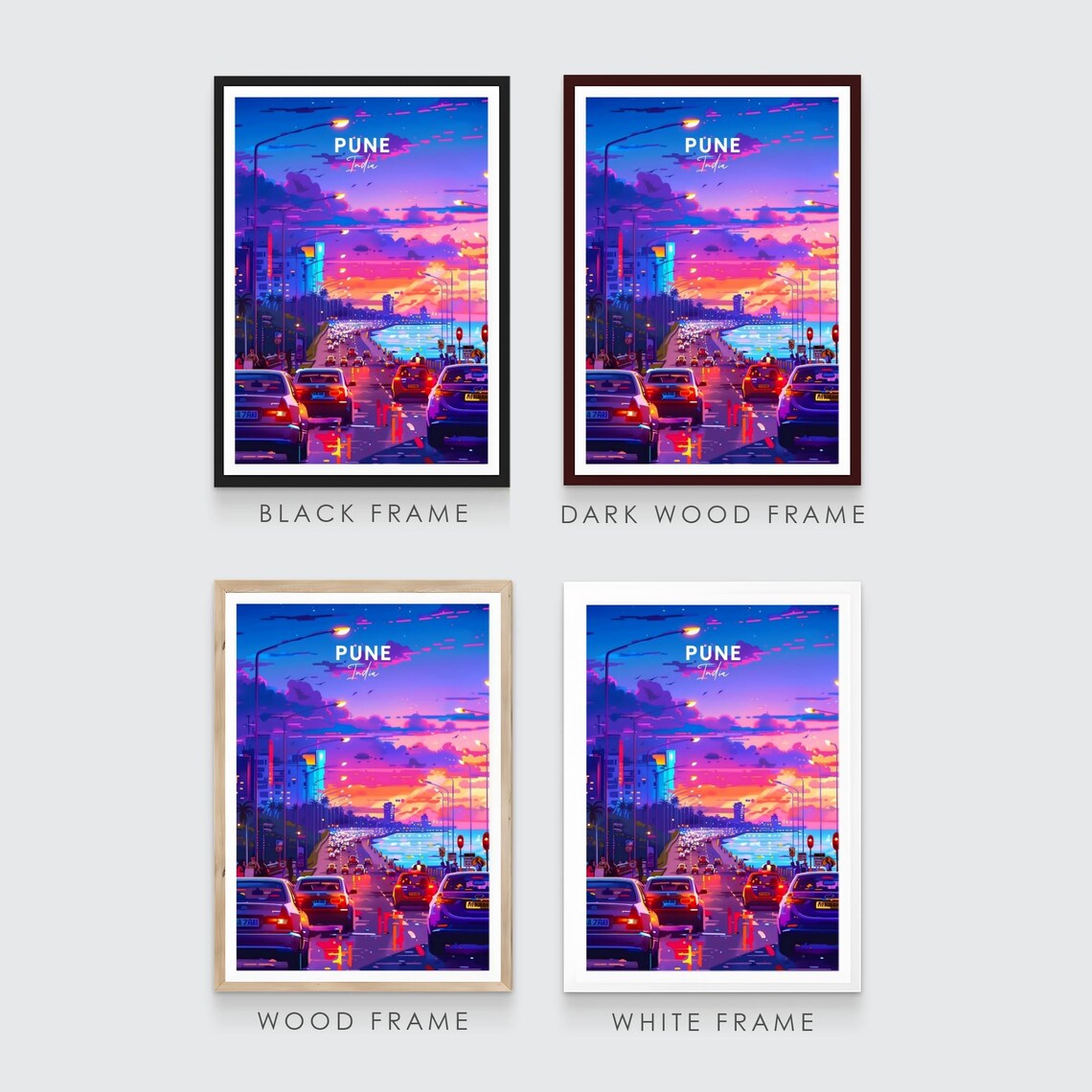 Vibrant Pune India Neon Sunset Highway Traffic Over Water Poster - Image 3