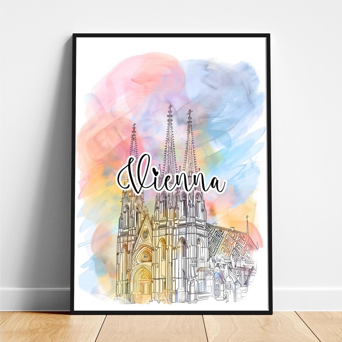 Vienna Gothic Cathedral Watercolor Script Lettering Travel Poster