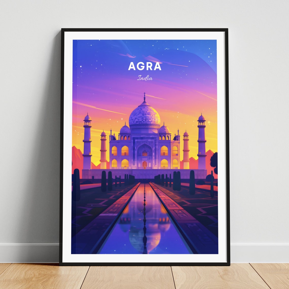 Agra Taj Mahal Sunset Reflection Pool Purple Sky Travel Poster