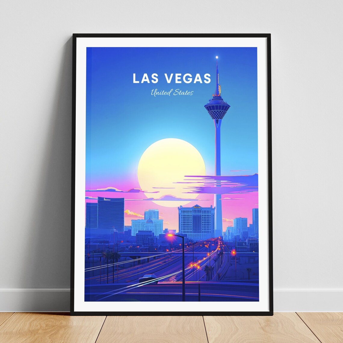 Las Vegas Stratosphere Tower Night Skyline City Lights Travel Poster