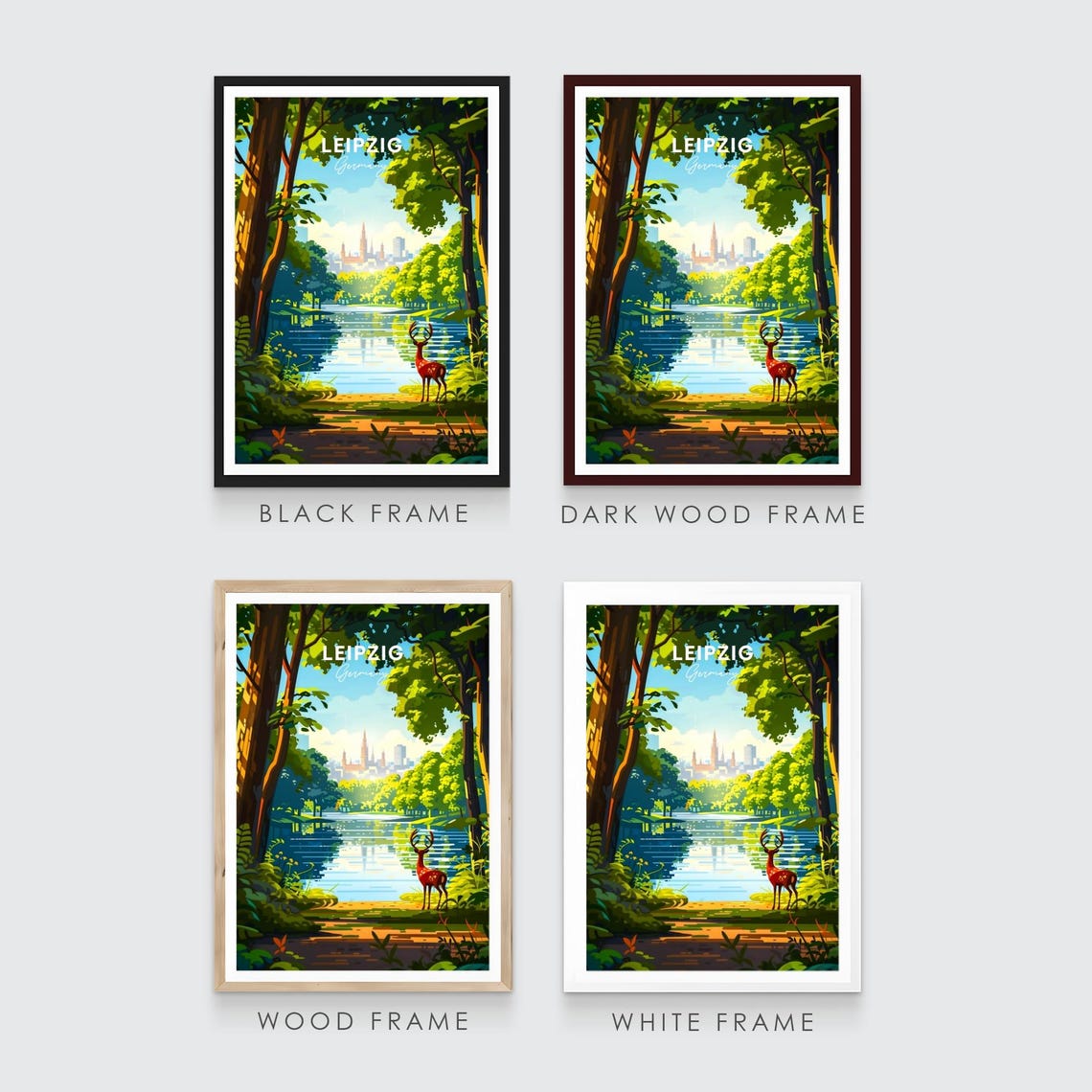 Leipzig Germany Forest Lake Deer City Skyline View Art Poster - Image 3