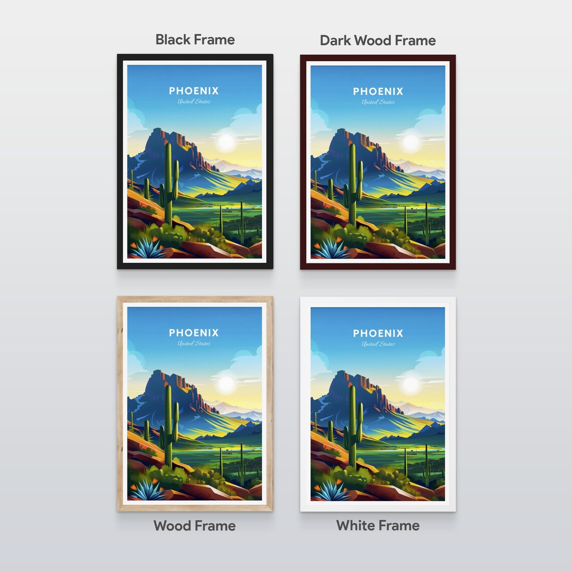 Phoenix Arizona Desert Sunrise Mountain Saguaro Cactus Travel Poster - Image 2