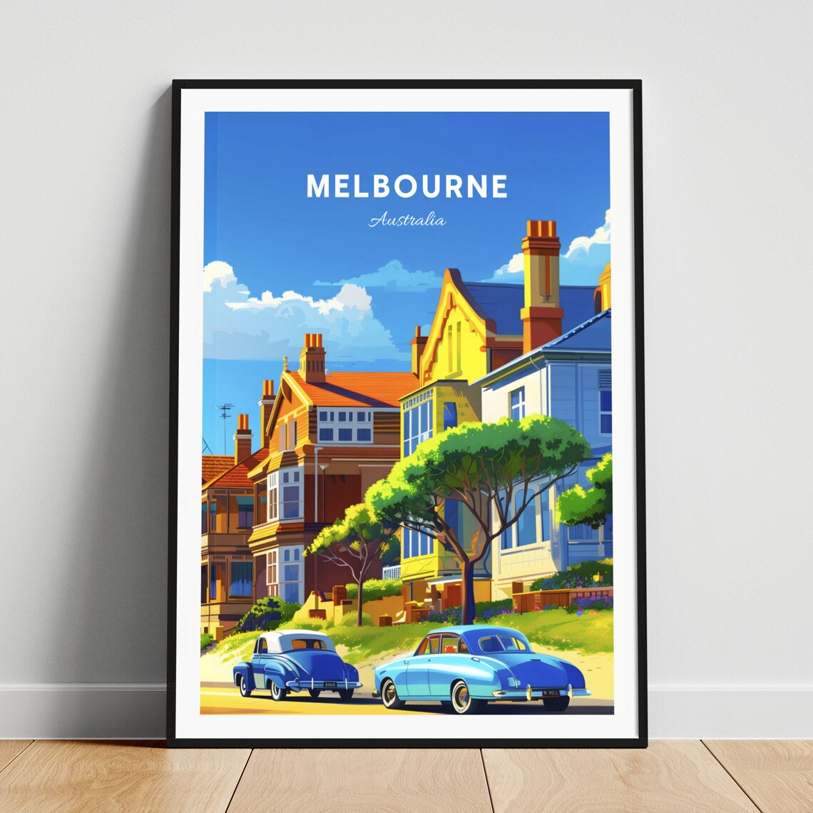 Melbourne Australia Vintage Street with Classic Cars Travel Poster