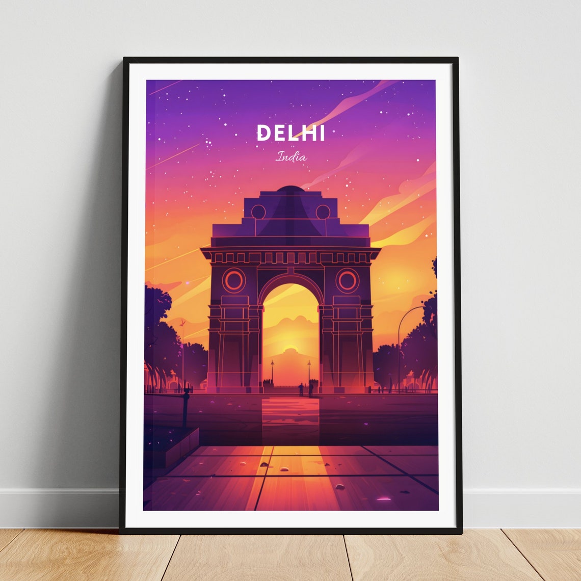 Delhi India Gate Dusk Starry Sky War Memorial Arch Travel Poster