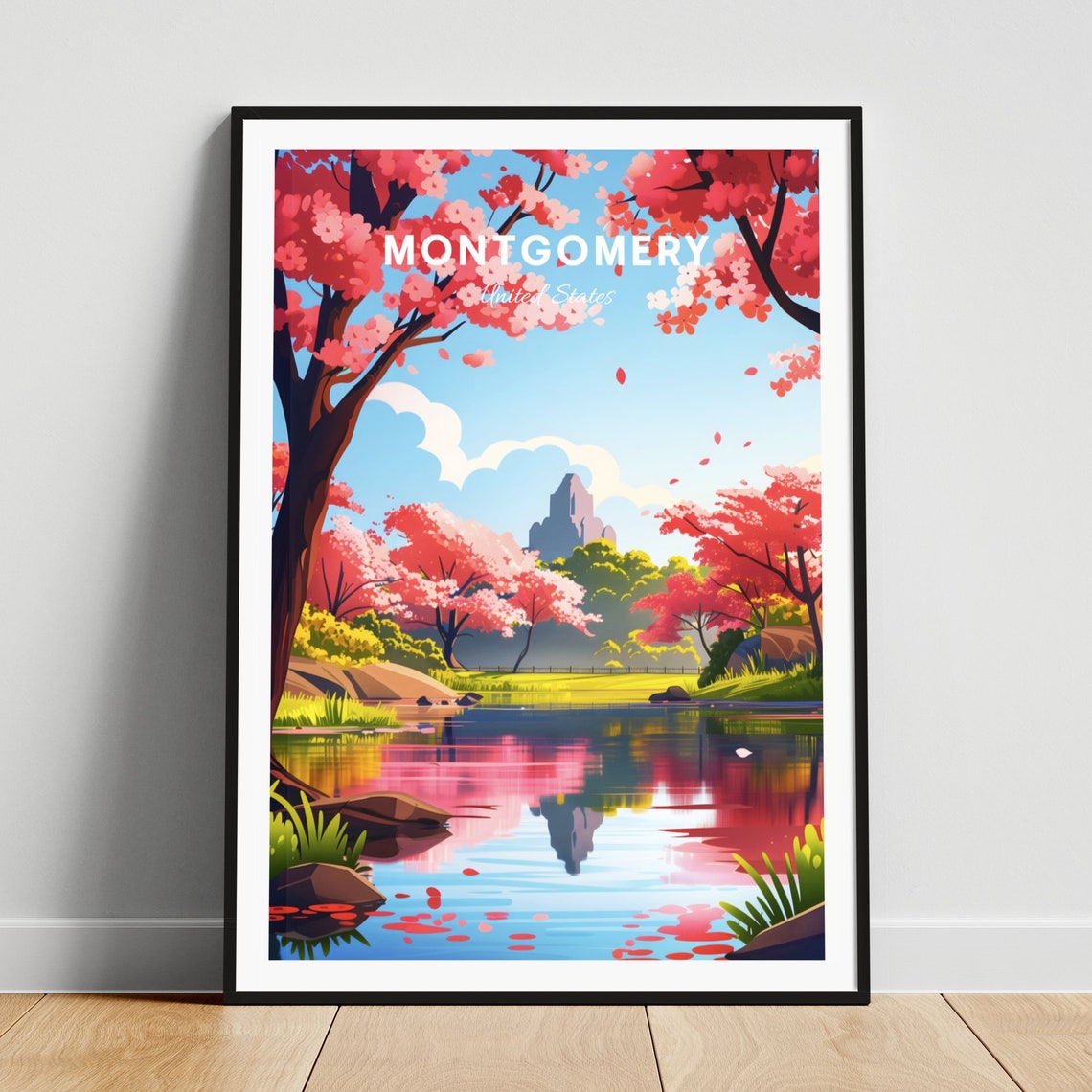 Montgomery Alabama Cherry Blossom Lake Reflection Travel Poster