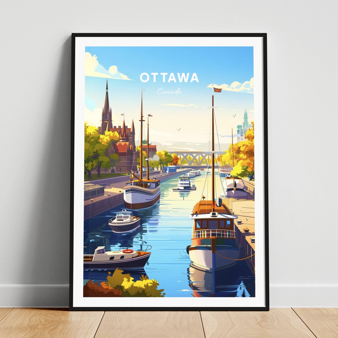 Ottawa Canada Canal Boats Church Spires Autumn Trees Travel Poster