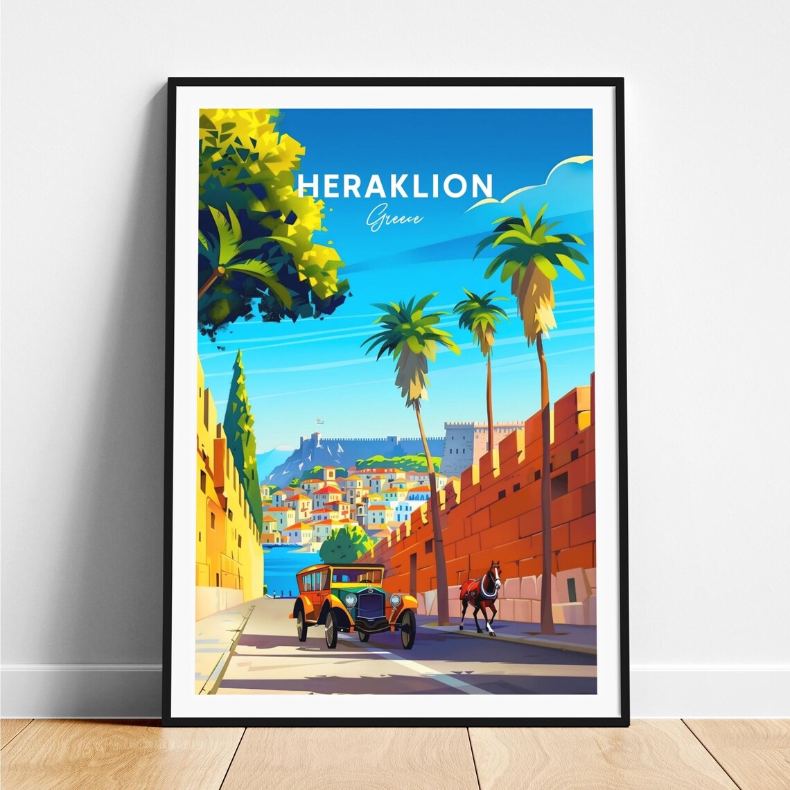 Heraklion Greece Vintage Car Horse Old Town Walls Travel Poster