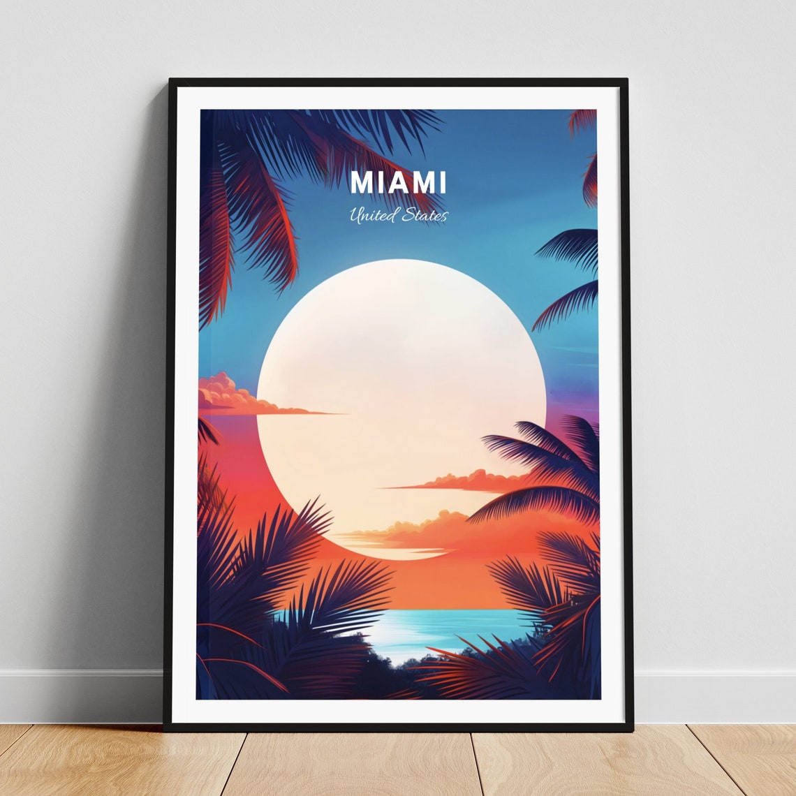 Miami Florida Tropical Palm Sunset Over Ocean Travel Poster Art