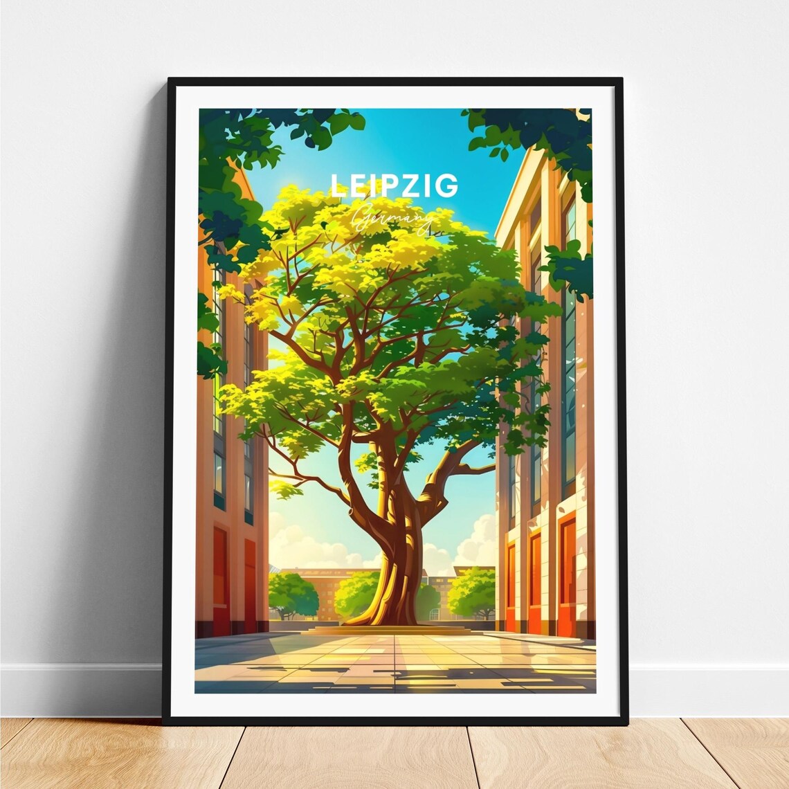 Leipzig Germany Courtyard Tree Historic Building Facade Travel Poster