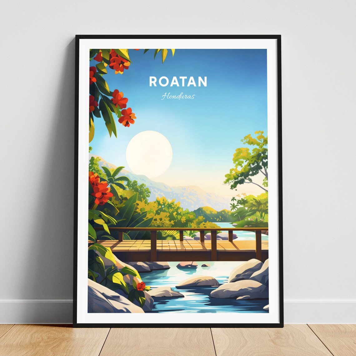 Roatan Honduras Wooden Bridge Stream Tropical Garden Travel Poster