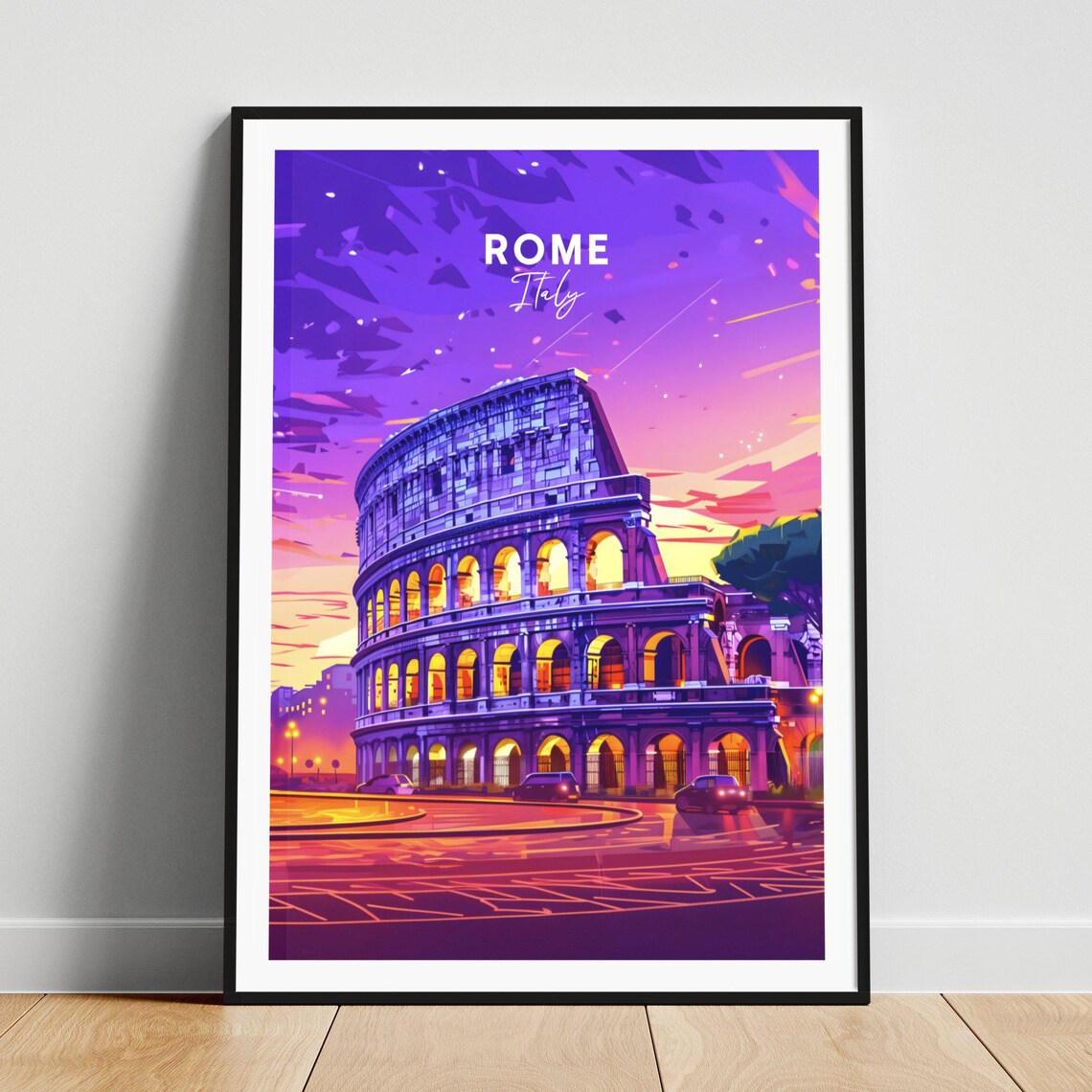 Rome Italy Colosseum Dusk Glow Lit Arches Night View Travel Poster
