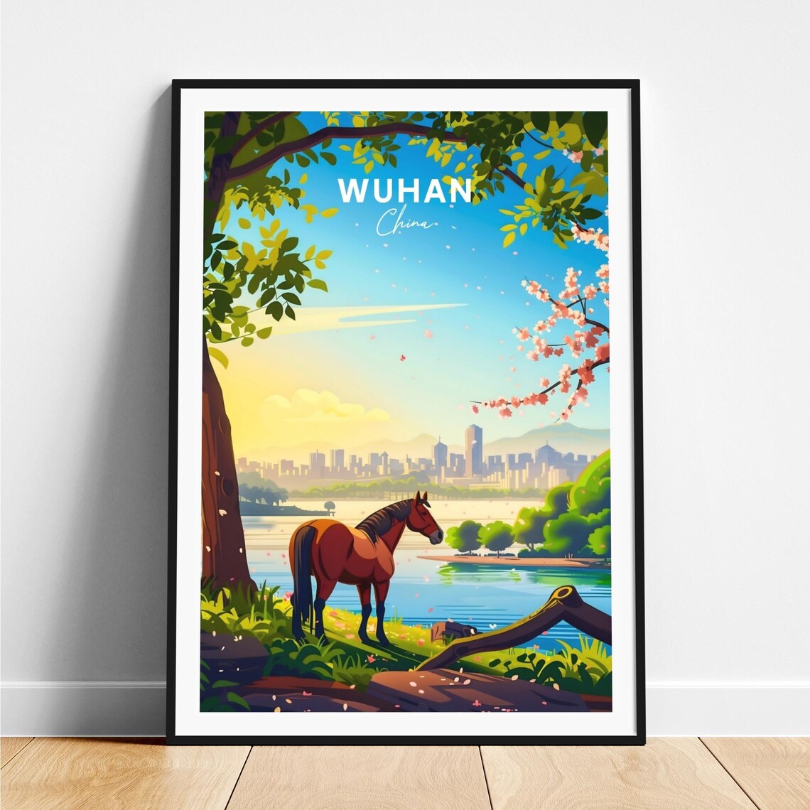 Wuhan China Lakeside Horse Sunrise Skyline Blossom View Poster