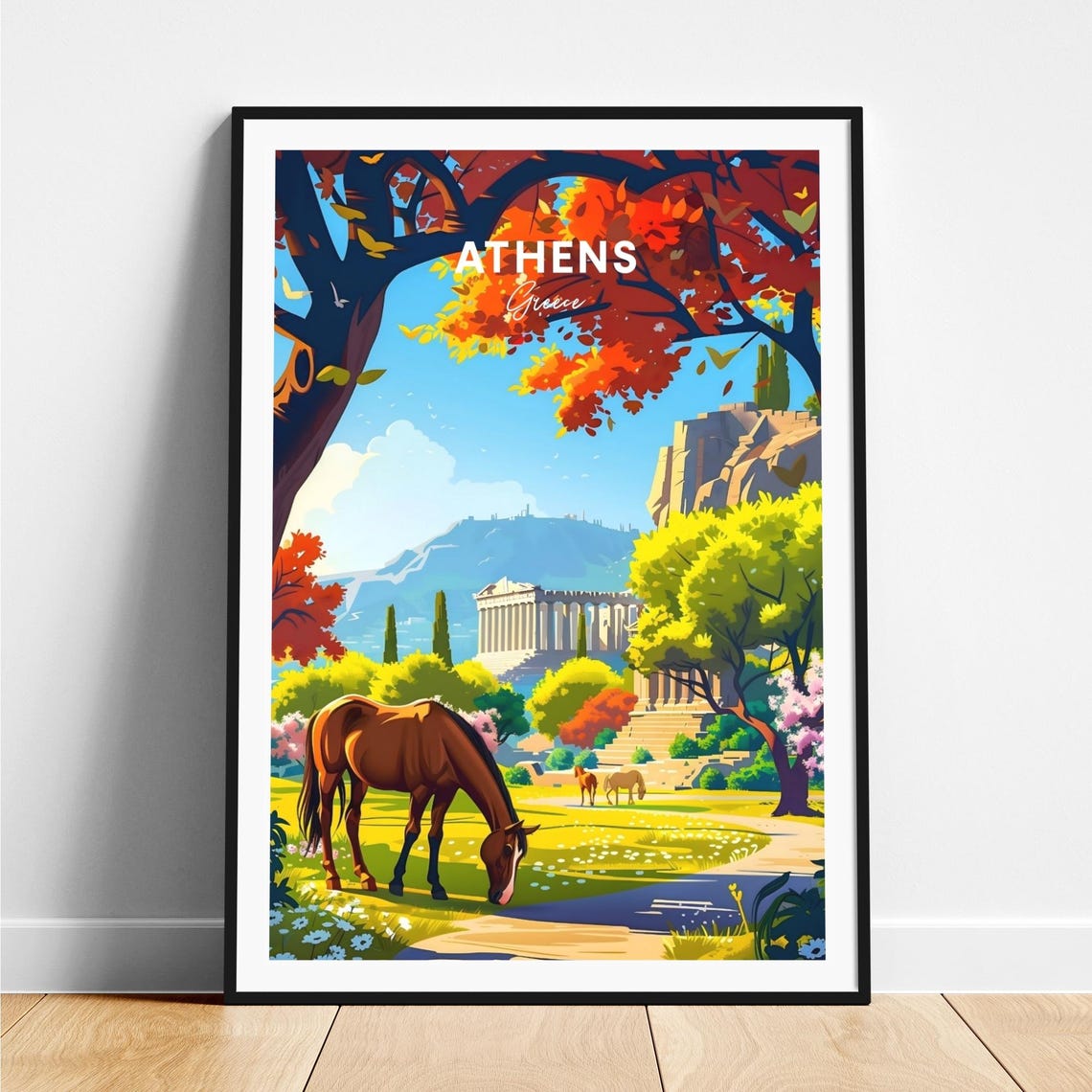 Athens Greece Parthenon Horses Meadow Spring View Art Poster