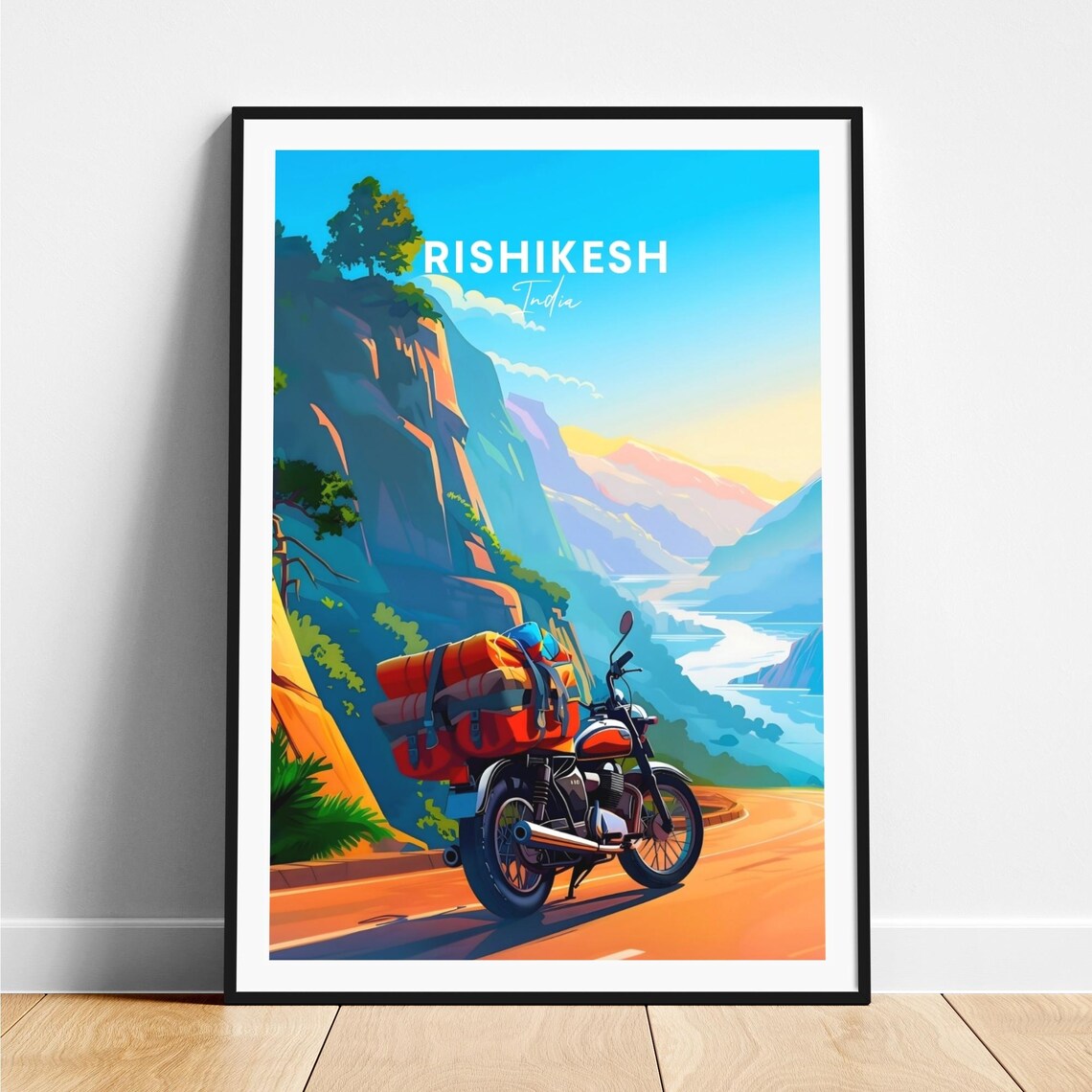 Rishikesh India Motorcycle on Cliff Road at Sunset Travel Poster