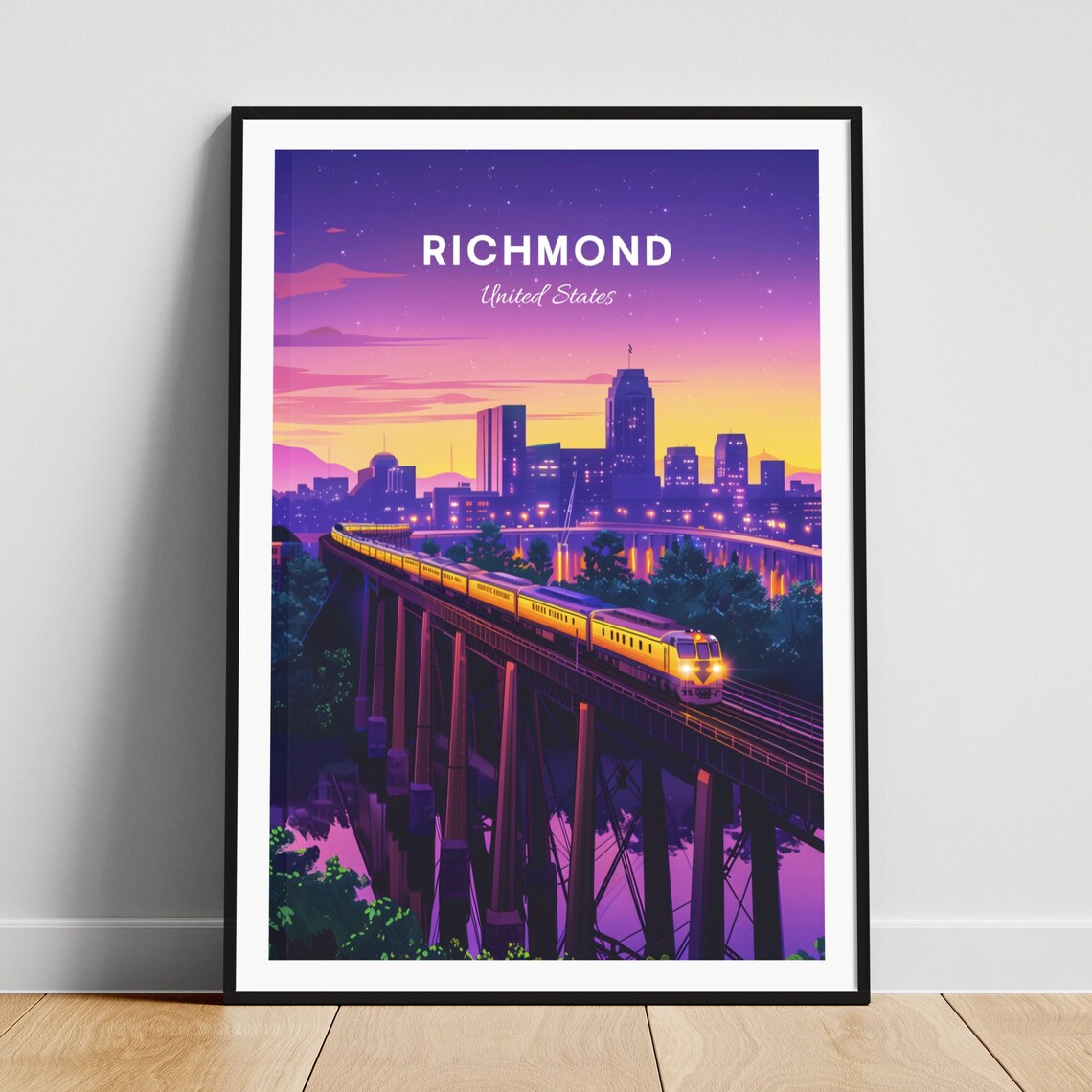 Richmond Train Crossing a Trestle Bridge at Sunset Travel Poster