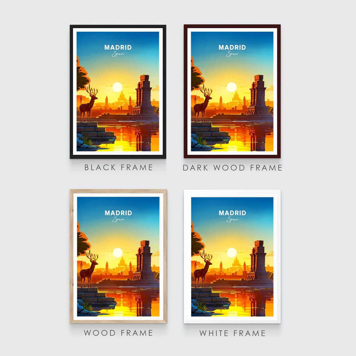 Madrid Sunset Skyline Deer Water Reflection Orange Glow Travel Poster - Image 3