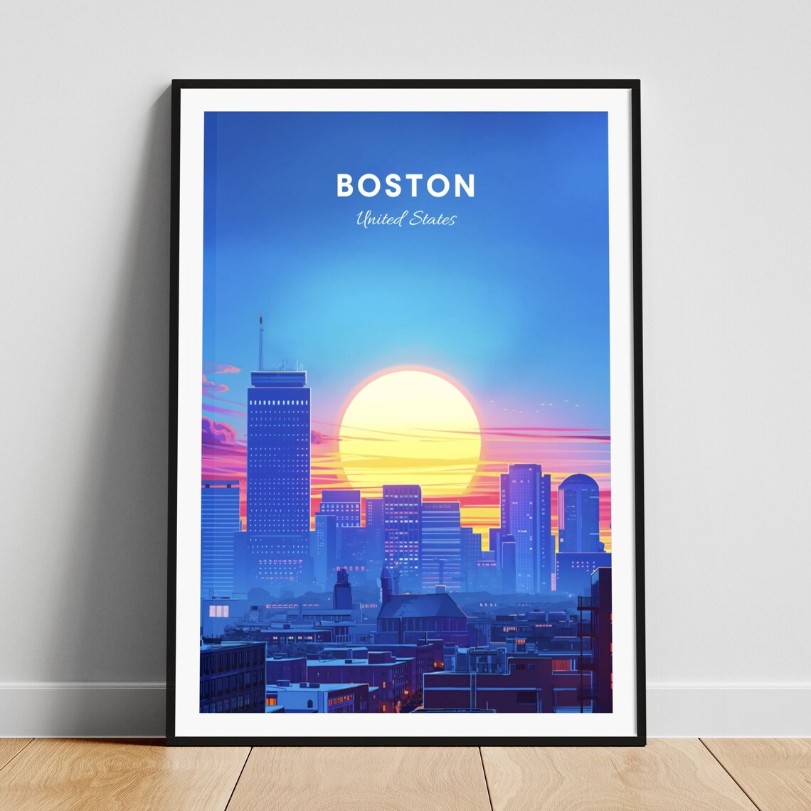 Boston Massachusetts Sunrise Skyline Giant Sun City View Travel Poster