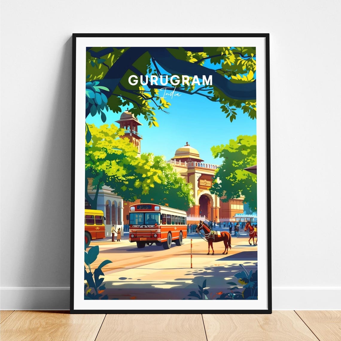 Gurugram India Colonial Archway Buses Carriages Travel Poster