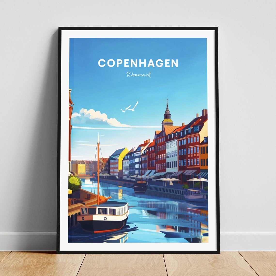Copenhagen Denmark Nyhavn Canal Boats Seagull Sky Travel Poster