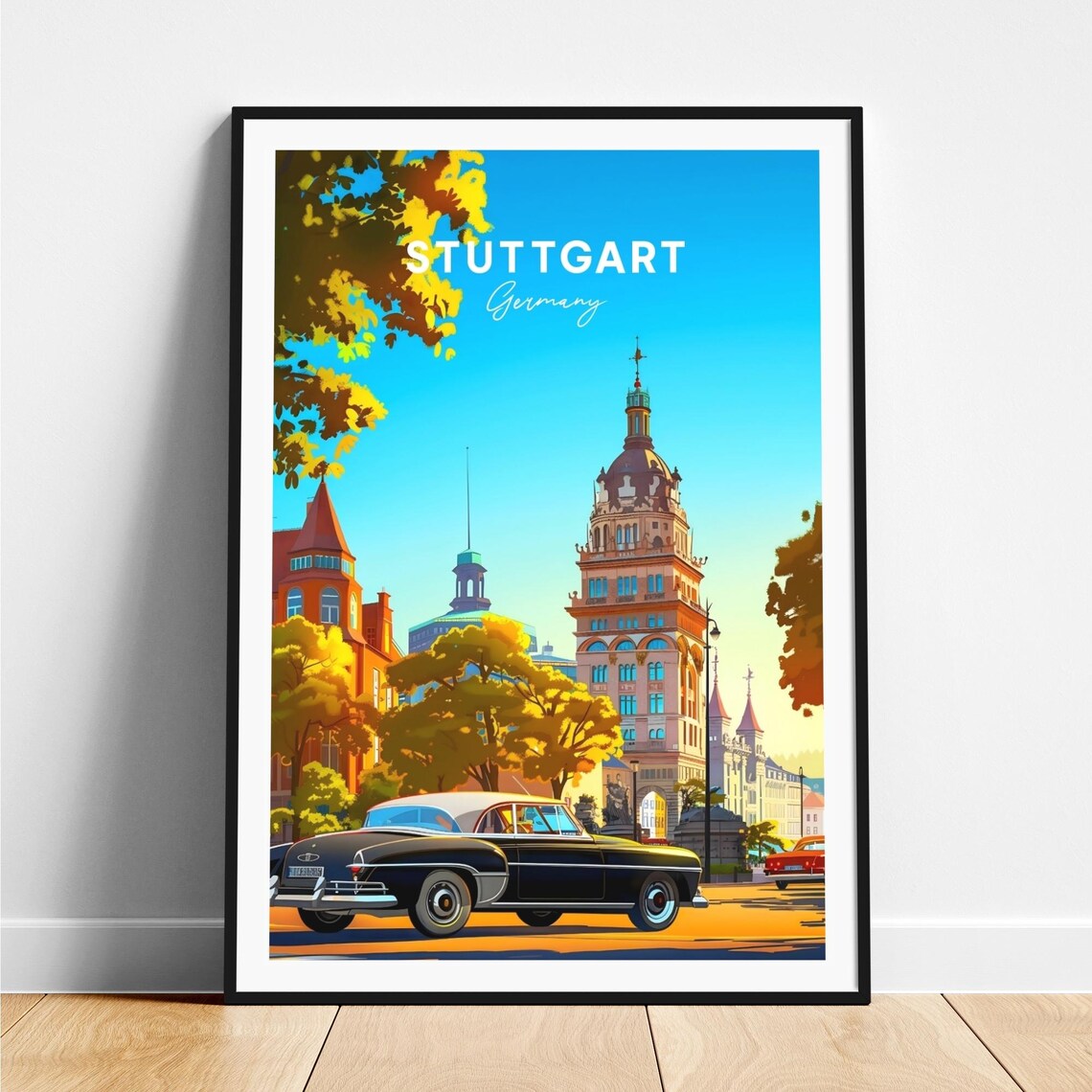 Stuttgart Sunny Historic Square Vintage Car Germany Travel Poster