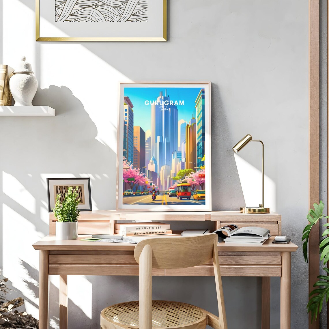 Gurugram India Modern Skyline Pink Blossom Avenue Travel Poster - Image 4