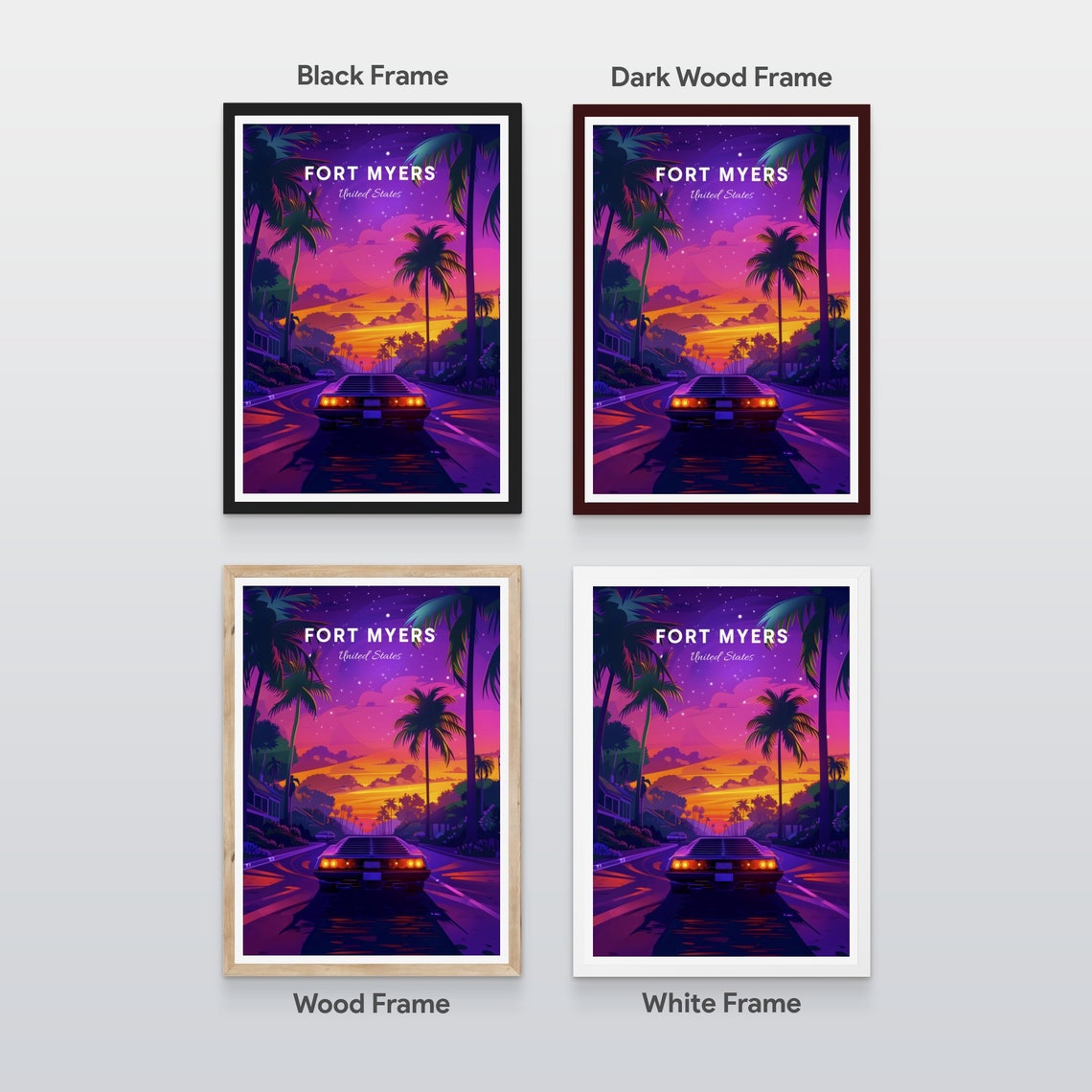 Fort Myers Florida Neon Sunset Classic Car Drive Travel Art Poster - Image 2