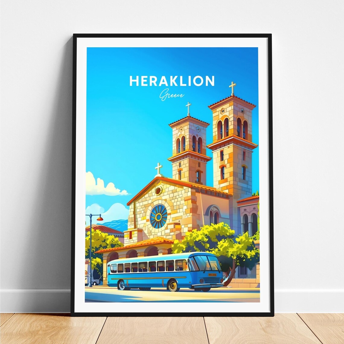 Heraklion Greece Church Twin Towers Blue Bus City Travel Poster