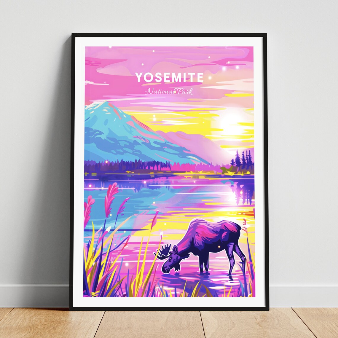 Yosemite National Park Moose Lake Neon Sunset Reeds Travel Poster