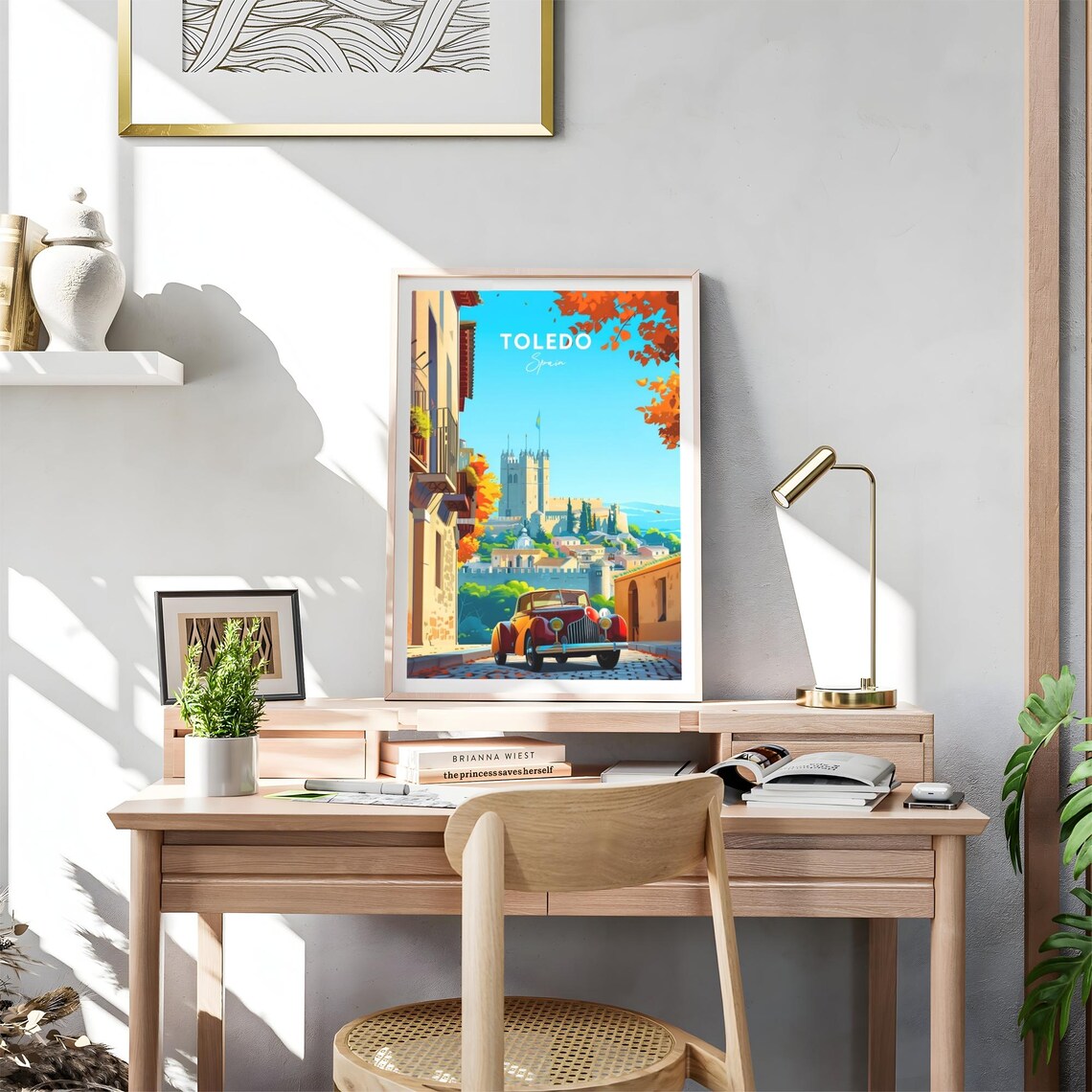 Toledo Old Town Street Vintage Red Car Historic Tower Travel Poster - Image 4