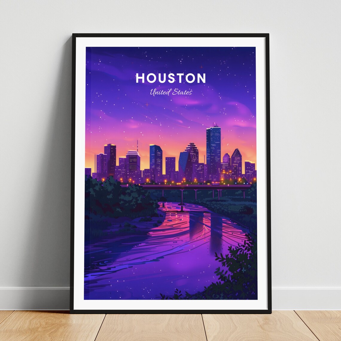 Houston Night Skyline Over the River Under Starry Skies Poster