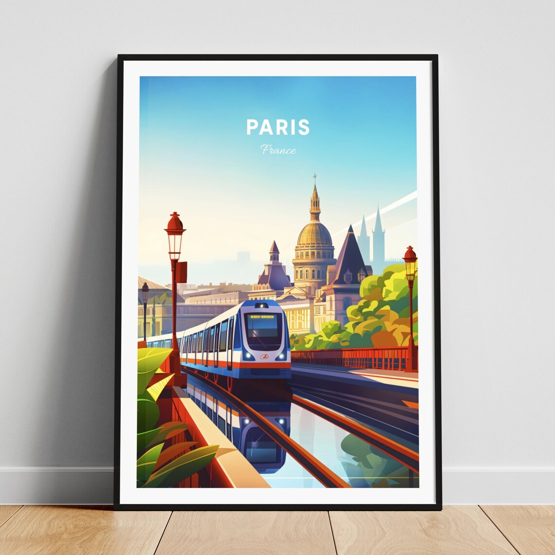 Paris France Metro Train Bridge Golden Dome Sunset View Travel Poster