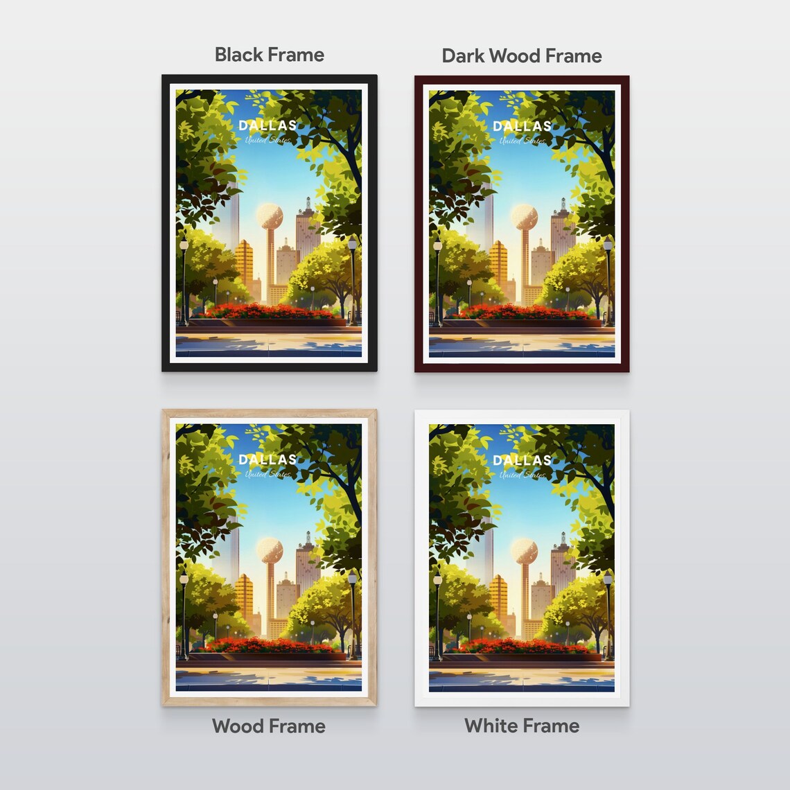 Dallas Texas Reunion Tower Skyline Green Park City Travel Poster - Image 2