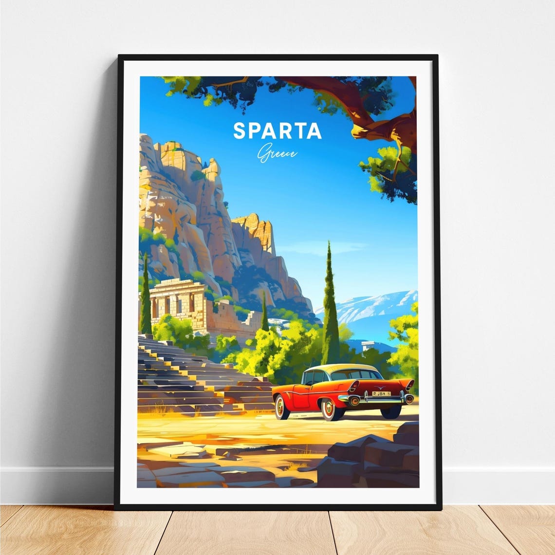 Sparta Greece Vintage Car Ancient Theater Ruins Cliffs Travel Poster