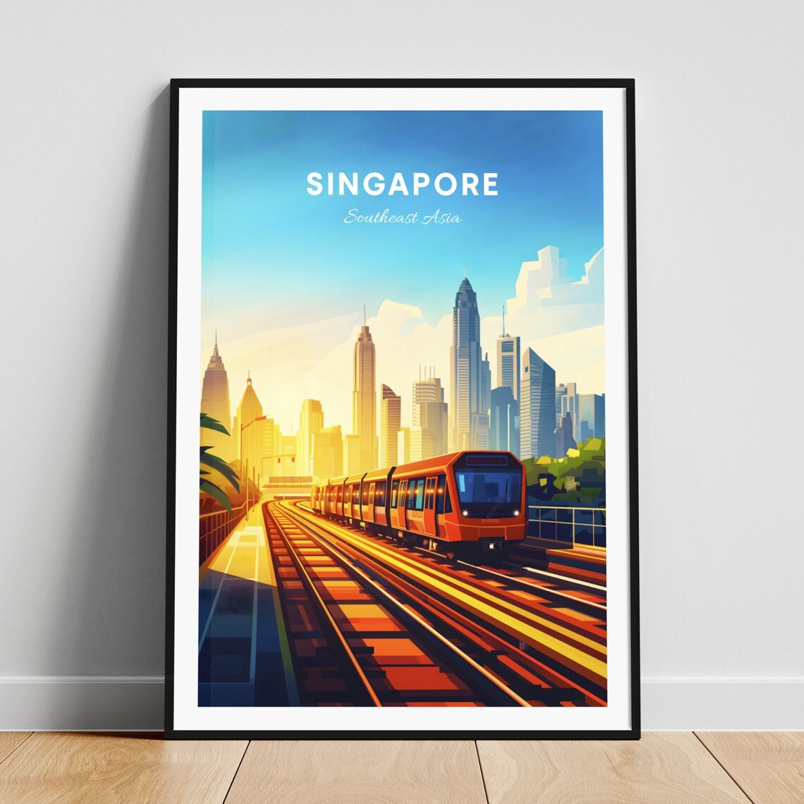 Singapore Elevated Train Sunrise City Skyline Vintage Travel Poster
