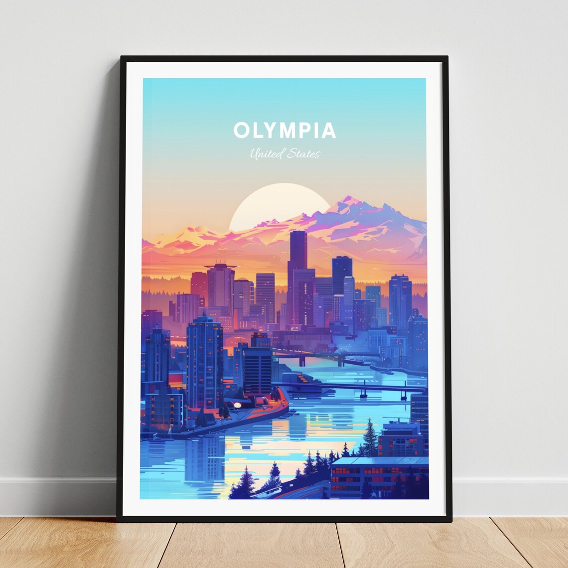 Olympia Washington Waterfront Sunrise Skyline Scenic Travel Poster
