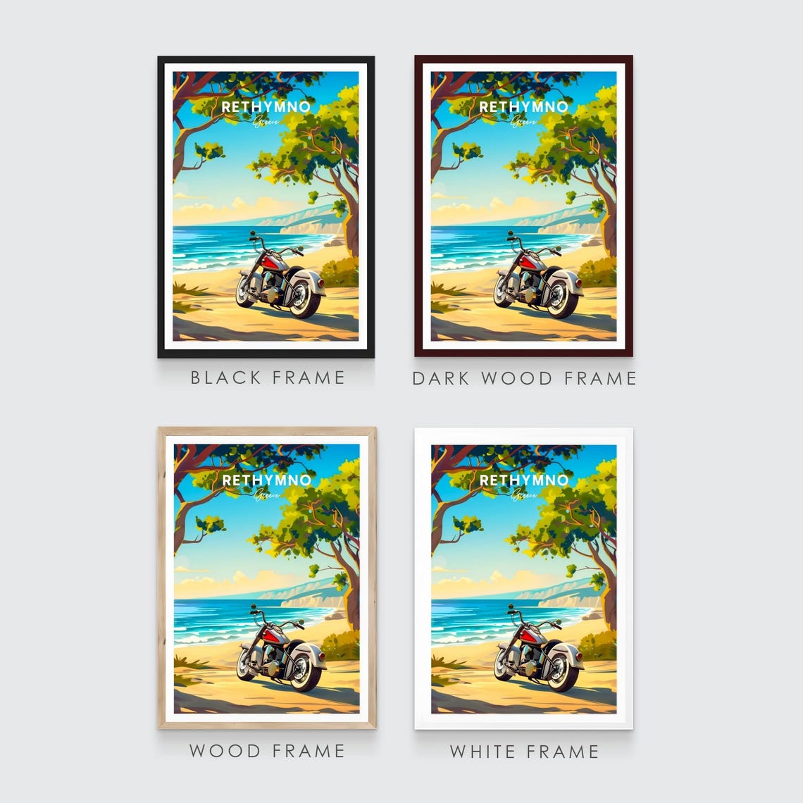 Rethymno Greece Vintage Motorcycle Beach Shoreline Trees Travel Poster - Image 3