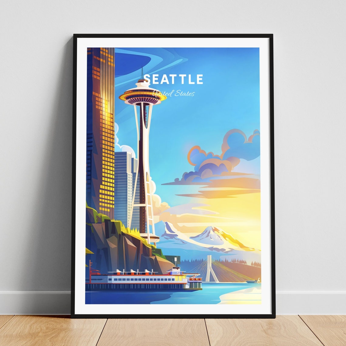 Seattle Space Needle Ferry Mount Rainier Sunset Vintage Travel Poster