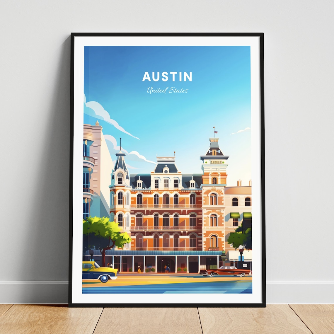 Sunny Austin Texas Historic Hotel Facade with Vintage Cars Poster