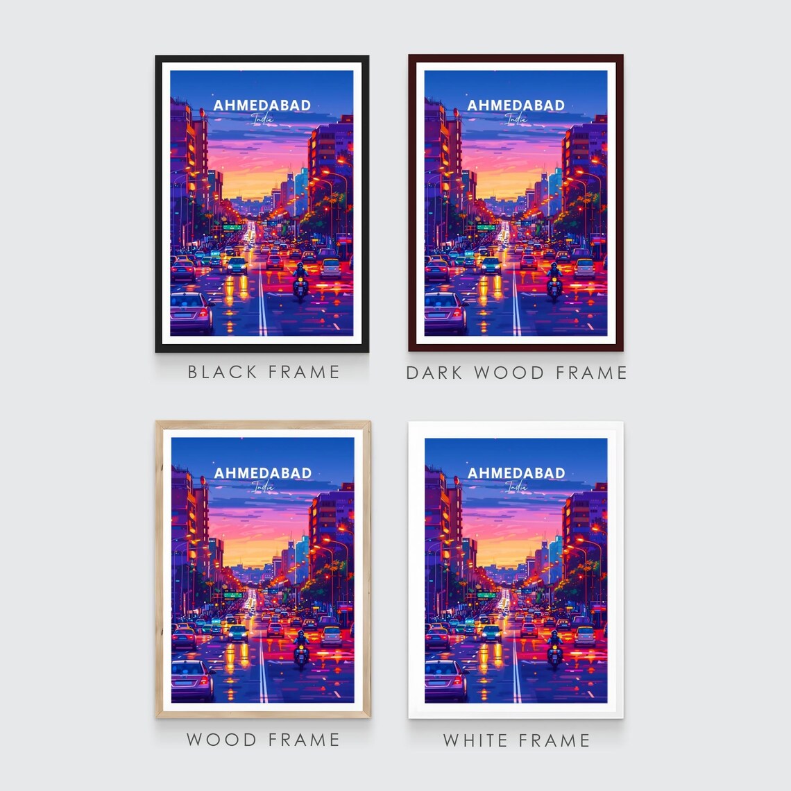 Ahmedabad India City Street at Dusk in Neon Light Travel Poster - Image 3