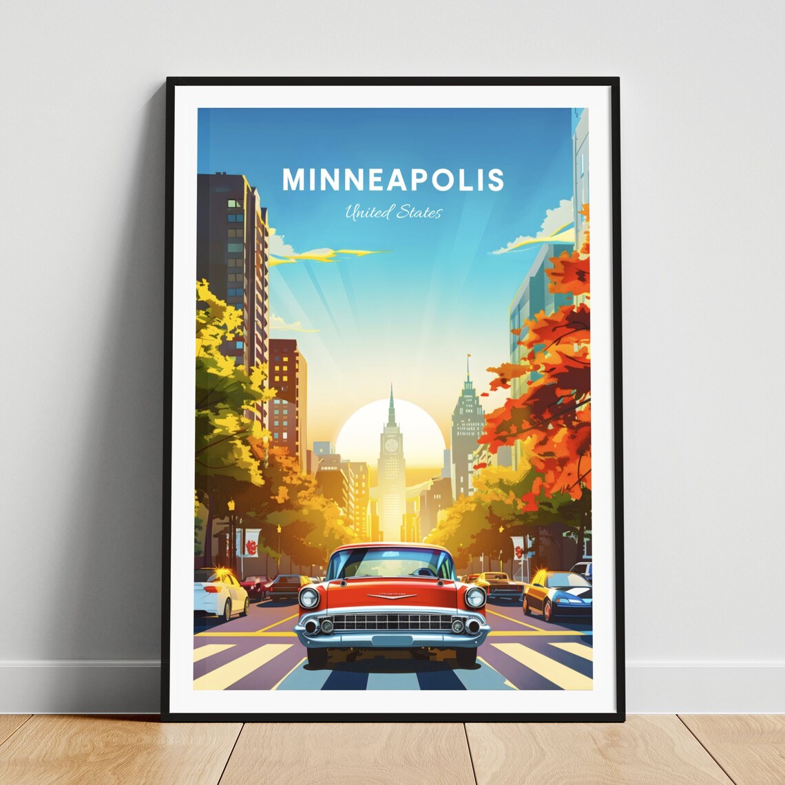 Minneapolis Minnesota Vintage Car Downtown Sunset Street Travel Poster