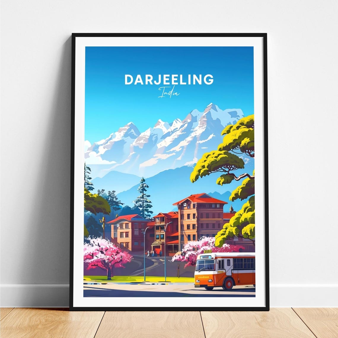 Darjeeling Himalayan Snow Peaks Town Bus India Travel Poster