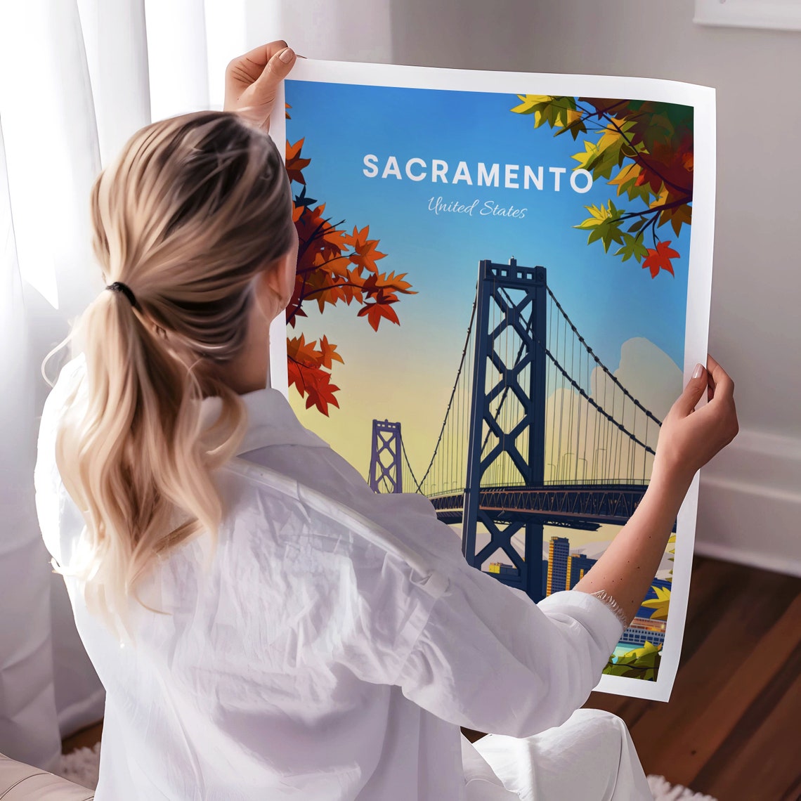 Sacramento Tower Bridge in Autumn Red Maple Leaves View Poster - Image 3