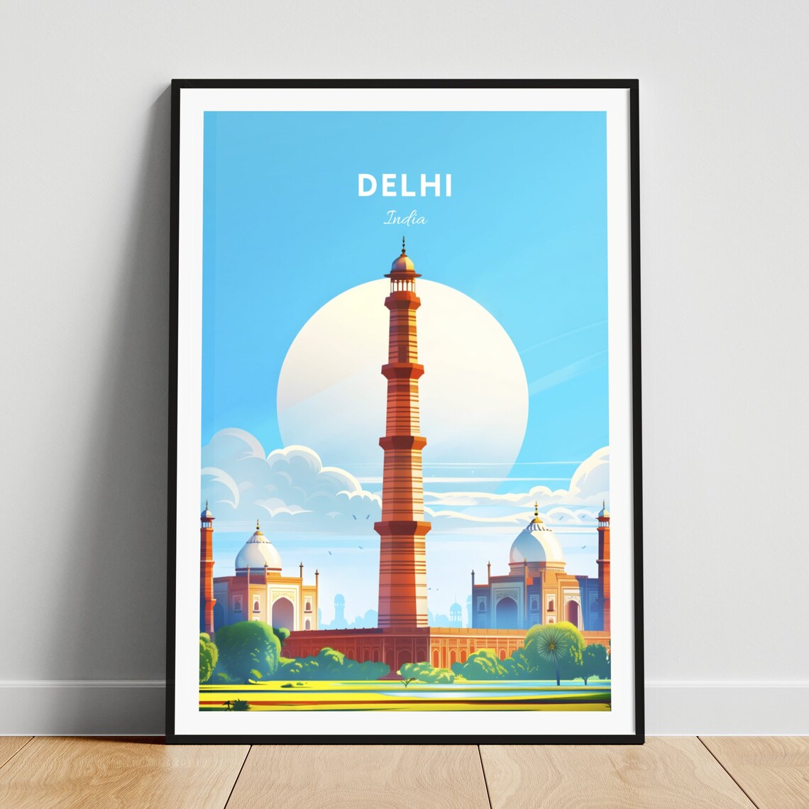 Delhi Qutub Minar Tower Domes Big Sun City Skyline Travel Poster