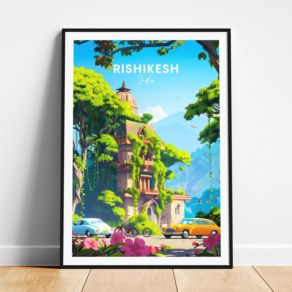 Rishikesh India Vine Covered Temple with Vintage Cars Poster