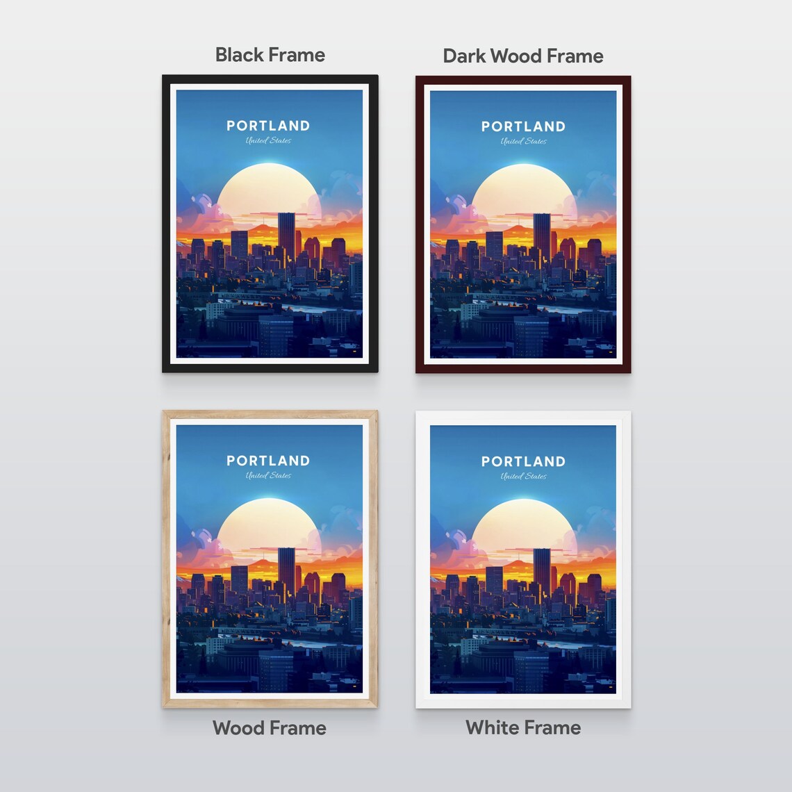 Portland Skyline at Sunset with Mount Hood Backdrop Travel Poster - Image 2