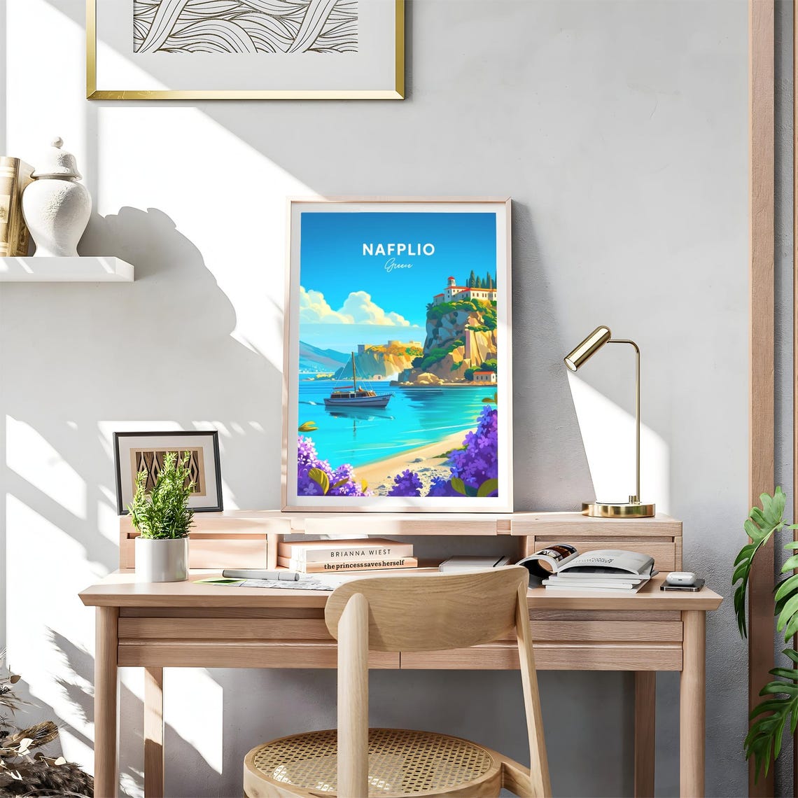 Nafplio Greece Cliff Castle Sailboat Purple Blossom Travel Poster - Image 4